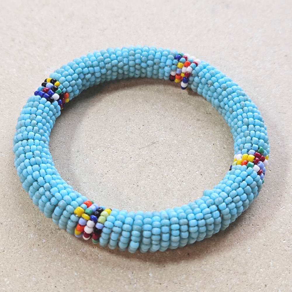 Masai African Light Blue Seed Bead Bangle Bracelet Multi Color Boho‎ Artisan